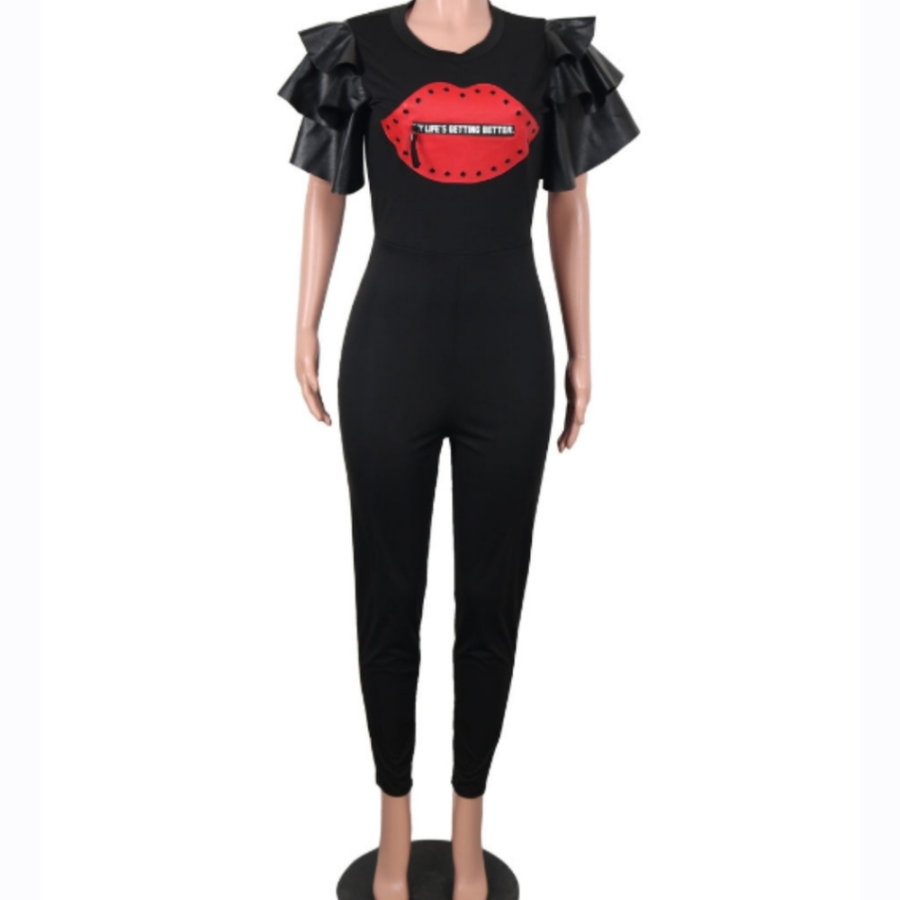 1 Piece Sweet Lips Jumpsuit with Vegan leather flutter sleeves~NWOT